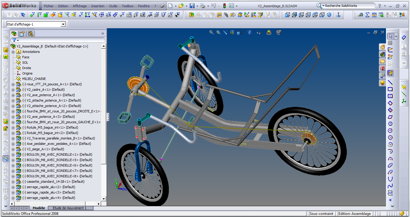 vue 'CAO' (abréviation de 'Conception Assistée par Ordinateur') du projet tricycle conçu par Yann ALLGAYER en 2011